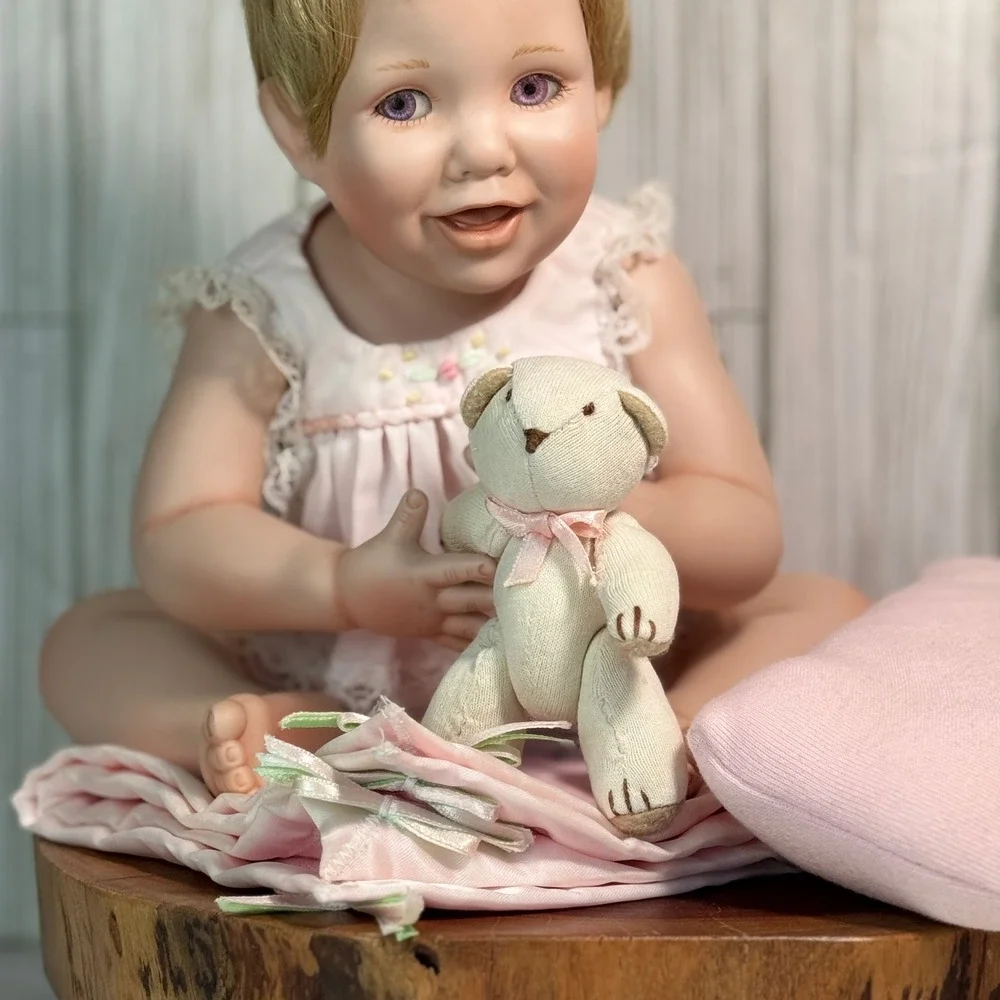 Vintage Ashton Drake 1993 Porcelain Baby Doll Pink Lace Outfit Teddy Bear